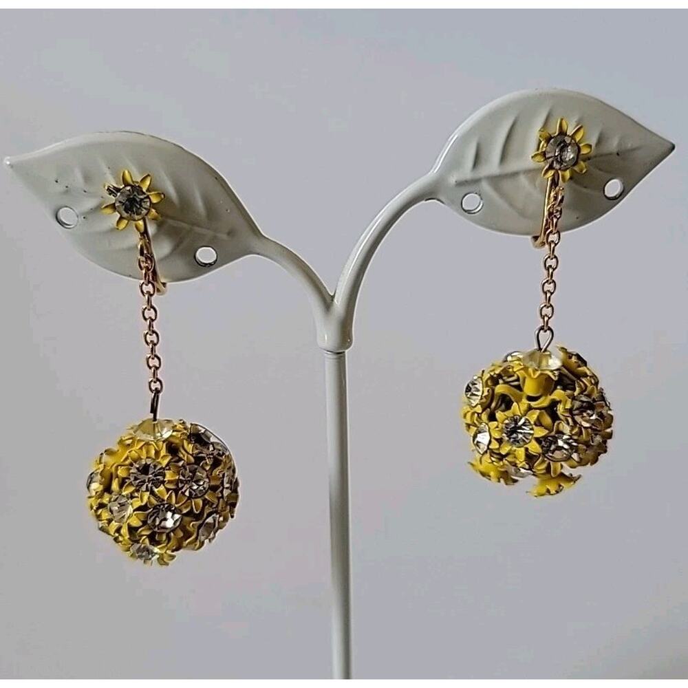 Vintage 60s Yellow Enameled Filigree Globe Drop Clip On‎ Earrings Billie Eilish - Picture 7 of 9